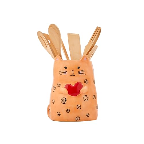 Cartoon Cat Handpainted Stoneware Orange 7.8 inch Utensil Holder