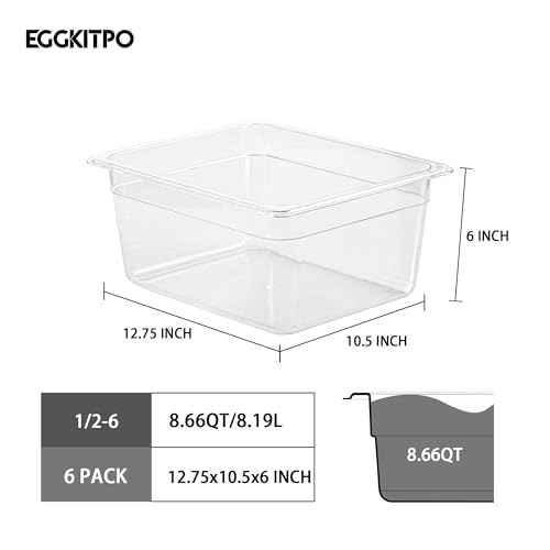 Half Size Food Containers 6 Pack 6 Inch Deep Hotel Pan Clear BPA free Polycarbonate Stackable Food Storage Container for Kitchen Business and Food Serving (6 Count)