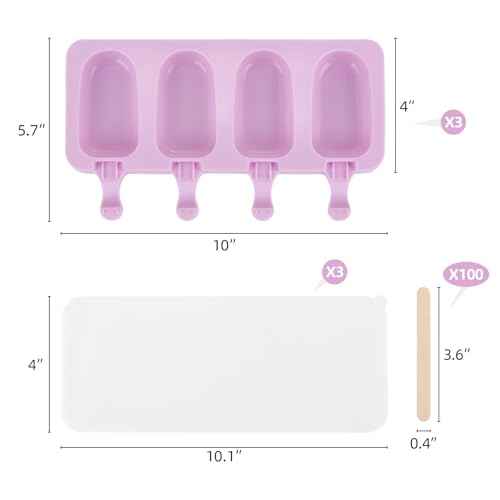 3 Set Violet Popsicles Molds with Lids and 100 Pcs Wooden Popsicles Sticks (3 Count)