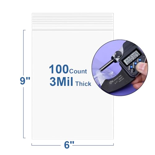 100Pcs 6"x9" Thick 3Mil Clear Zip Seal Lock Poly Reclosable Plastic Bags (100 Count)