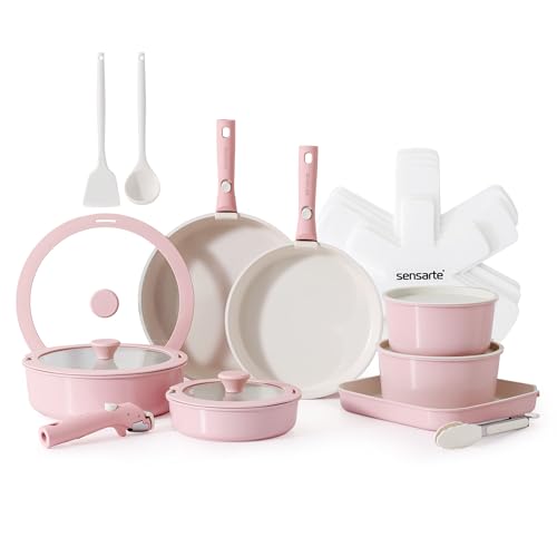 24 Piece Ceramic Detachable Handle Pots and Pans Set Pink