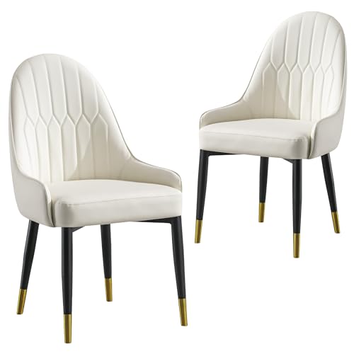 White Dining Chairs Set of 2 with High Backs Mid Century Modern Kitchen Dining Room Chairs PU Faux Leather Upholstered Large Padded Accent Chair with Legs (2 Count)