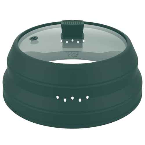 Tall Microwave Splatter Cover Glass Cover Guard Lid 6 inch Height with Collapsible Silicone for Food Pot Plate 12.5 inch Dark Green