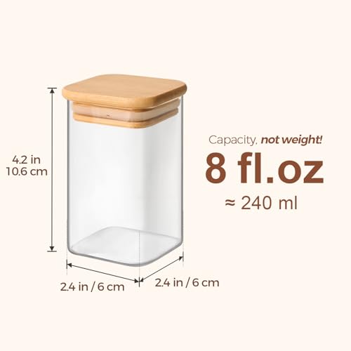 Square Glass Spice Jars with Labels 8 oz 12 Pack with Bamboo Lids (12 Count)
