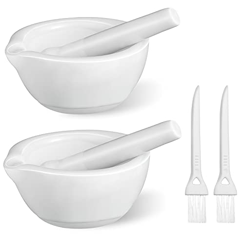 2 Sets Mini Mortar and Pestle Set Porcelain with 2 Brushes (2 Count)