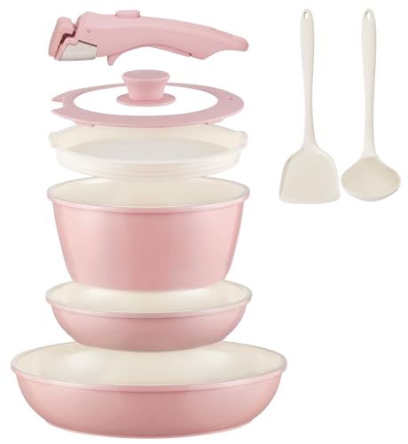 Ceramic Cookware Set Non Stick 8Pcs Pots and Pans Set Removable Handle Induction Kitchen Cookware Set with Frying Pans Oven Safe