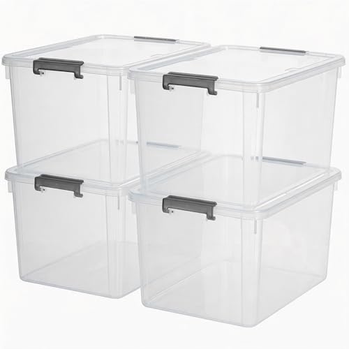 44.4 QT Plastic Storage Bins with Latching Lids Stackable Storage Containers for Organizing Large Clear Storage Box for Garage (4 Count)