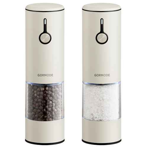 Electric Salt and Pepper Grinder Set Stainless Steel 2 Pack USB Rechargeable LED One Hand Off White (2 Count)