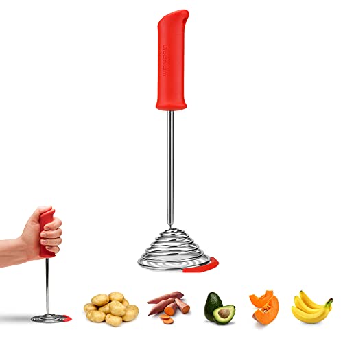 Smood | One-Handed Stainless-Steel Spring Coil Vegetable and Potato Masher with Soft Grip and Bowl Scraper | Red