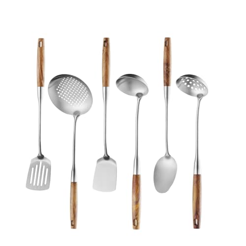 6 Pcs Cooking Utensils Set 304 Stainlss Steel Kitchen Utensils Set Heat Resistant Wooden Handle Kitchen Tools Metal Kitchen Utensil Soup Ladle Set (6 Count)