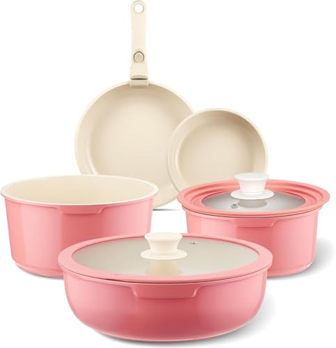 Ceramic Pots and Pans Set Non Stick Pink