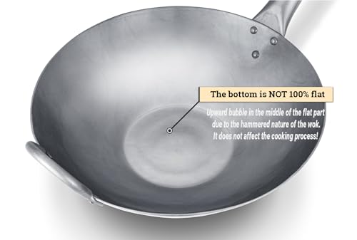 Flat Hand Hammered Carbon Steel Pow Wok with Wooden and Steel Helper Handle