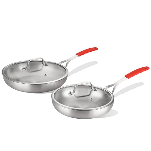 Tri Ply Stainless Steel Frying Pan Set 8" 10" with Lid Skillet