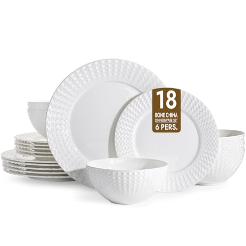 18Pc Rhombus Edge White Bone China Set