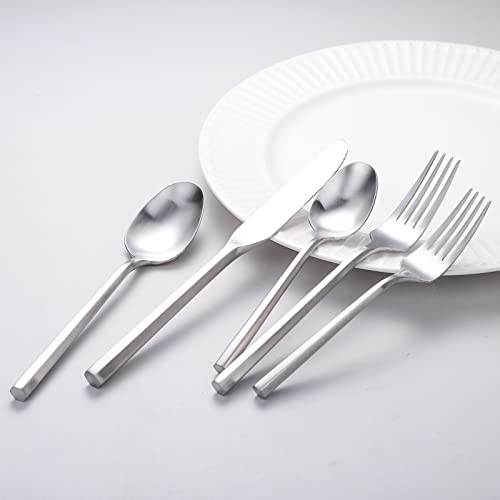 Matte Silverware Set Silver Flatware Set with Hexagon Handle 20 Pieces 18 (20 Count)