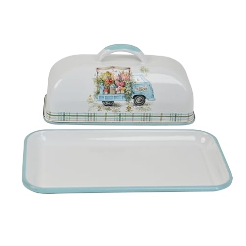 Enamel Butter Dish with Lid Vintage Enamelware Butter Keeper with Flower and Bird Patterns Farmhouse Butter Container Butter holder for Countertop Kitchen Decor
