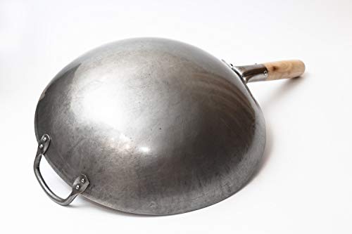Traditional Hand Hammered Chinese Carbon Steel Wok with Wooden and Steel Helper Handle