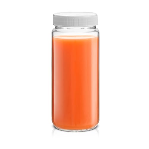 16 oz Reusable Glass Bottles with Caps. Set of 8 Juicing Bottles With Lids and Juice Jars Labels. Glasses for Cold Brew