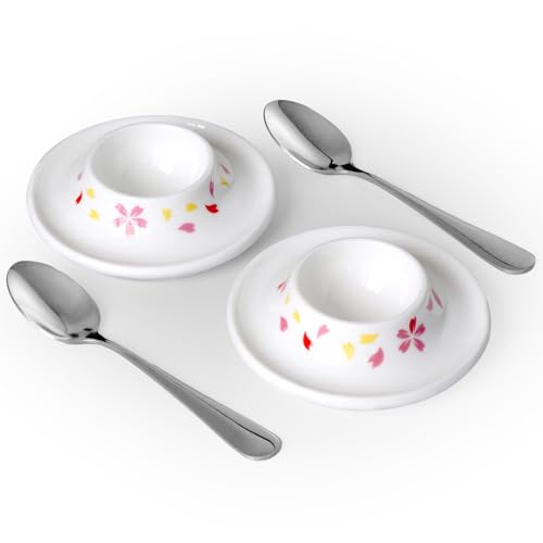 Ceramic Sakura Egg Holder Set of 2 Porcelain Holder With 2 Stainless Steels Egg Spoons Breakfast Boiled Cooking Easy to Clean Childhood Memories Kitchen