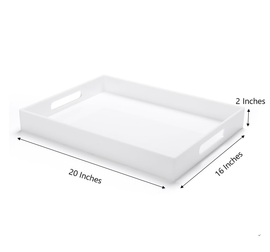 White Acrylic Large Ottoman Tray with Handles 16"x20"x2" Spill Proof Serving Tray Rubber Boot Organizer Tray Decorative for Living Room Bedroom Kitchen Entryway Coffee Table Countertop