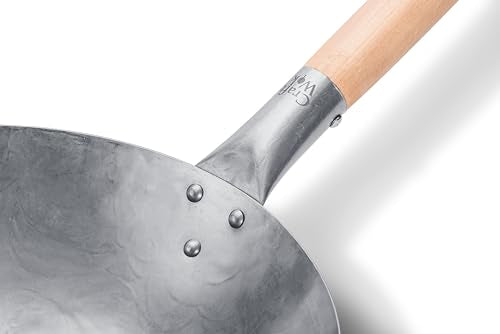 Flat Hand Hammered Carbon Steel Pow Wok with Wooden and Steel Helper Handle