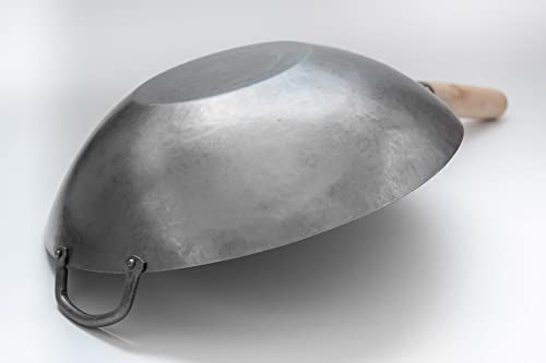 Flat Hand Hammered Carbon Steel Pow Wok with Wooden and Steel Helper Handle