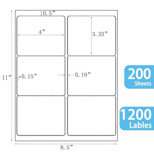 6 up 3-1/3" x 4" Sticker Labels Shipping Address Labels for Laser & Inkjet Printer, 200 Sheets, Total 1200 Labels (600 Count)