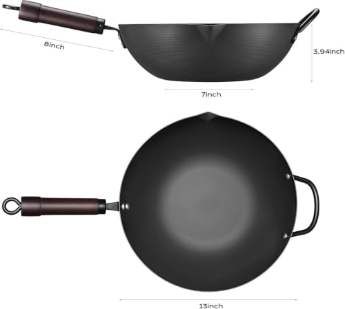 Wok 13 Inch carbon steel wok pan with steamer & stir