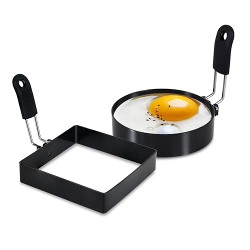 2 Pack Round+Square Egg Rings Set with Silicone Handle (2 Count)