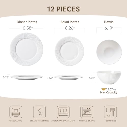 12Pc Textured White Bone China Set Service for 4