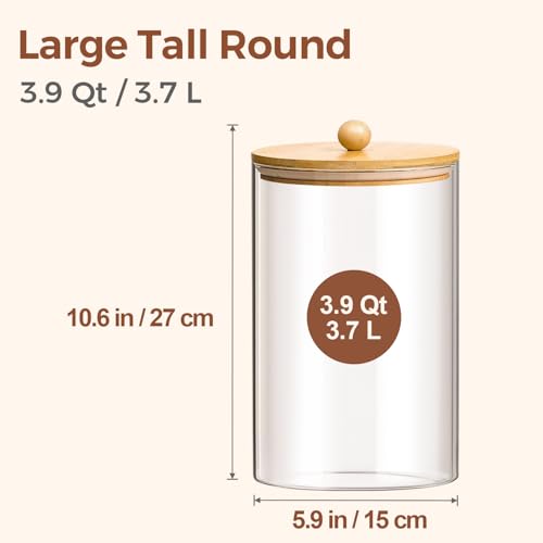Glass Storage Jars with Bamboo Lids 3.9 Qt 2 Pack Large Pantry Round (2 Count)