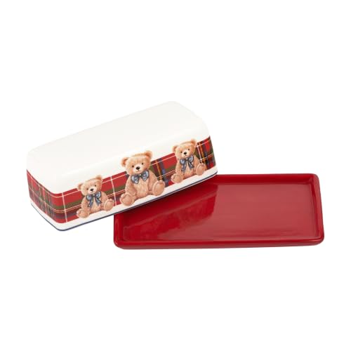 Blue Ribbon Teddy Bear Ceramic Butter Dish with Lid