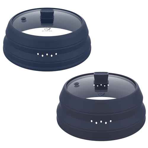 2 Pack Microwave Splatter Cover Glass Guard Lid with Collapsible Silicone for Food Pot Plate 8.5 inch and 9.8 inch Dark Blue (2 Count)