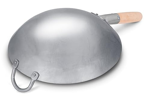 Traditional Hand Hammered Chinese Carbon Steel Wok with Wooden and Steel Helper Handle