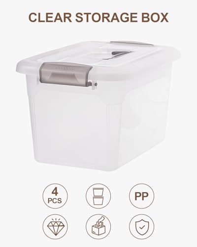 4 Packs 6 QT Storage Bins with Lids Clear Plastic Bins with Grey Handle Stackable Storage Containers for Organizing (4 Count)