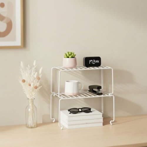 4-Pack Small (10.8x5.3inch) White Stackable Shelf Organizer Rack, Wire Shelf Rack for Kitchen Cabinet, Pantry, Desk Organization and Storage, Rustproof (4 Count)
