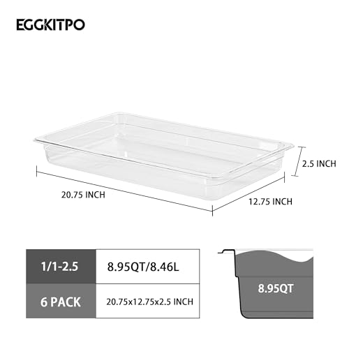 Polycarbonate Full Size Food Pans 6 Pack BPA Free 2.5 Inch Deep Pan Freezer Safe Stackable Clear Food Storage Containers for Kitchen Party Supplies and Prep Table (6 Count)