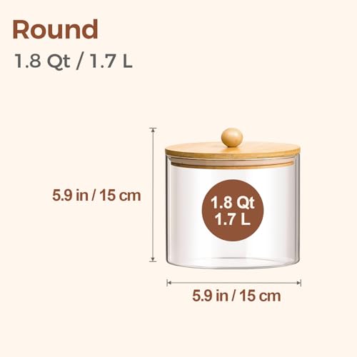 Glass Storage Jars with Bamboo Lids 1.8 Qt 2 Pack Large Round (2 Count)