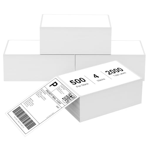 4" x 6" Fanfold Direct Thermal Labels for White Mailing Address Postage Shipping Commercial Grade Compatible with Zebra & Rollo & MUNBYN Label Printer (2000 Count)