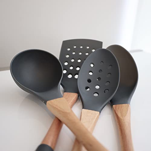 Grey Nylon Ladle with Soft Grip Ergonomic Wooden Handle Kitchen Utensils