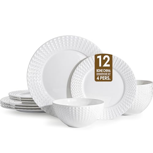 12Pc Rhombus Edge White Bone China Set
