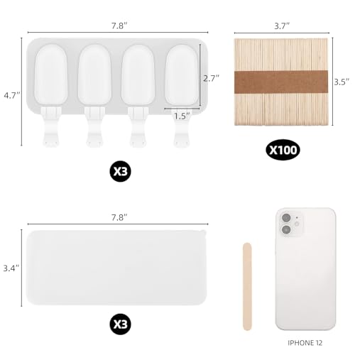 3 Set Small Popsicles Molds with Lids and 100 Pieces Wooden Popsicles Sticks (3 Count)