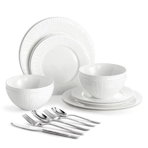 12Pc Bone China Dinnerware Set & 20Pc Flatware Combo Set for 4