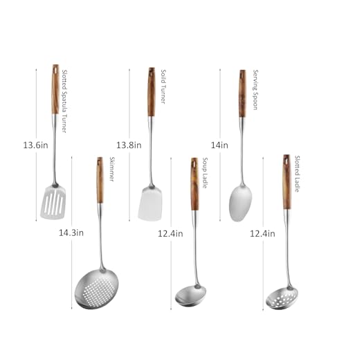 6 Pcs Cooking Utensils Set 304 Stainlss Steel Kitchen Utensils Set Heat Resistant Wooden Handle Kitchen Tools Metal Kitchen Utensil Soup Ladle Set (6 Count)