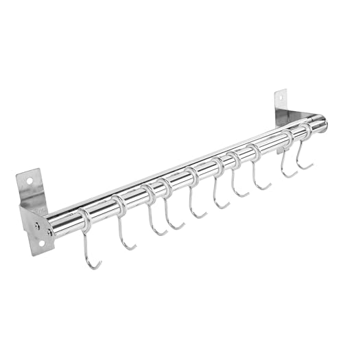 Utensil Hanging Rack Stainless Steel Rail Hanger Rod Wall Mounted Pot Pan Lid Holder Cookware Storage Organizer with Sliding Hooks for Kitchen Bathroom