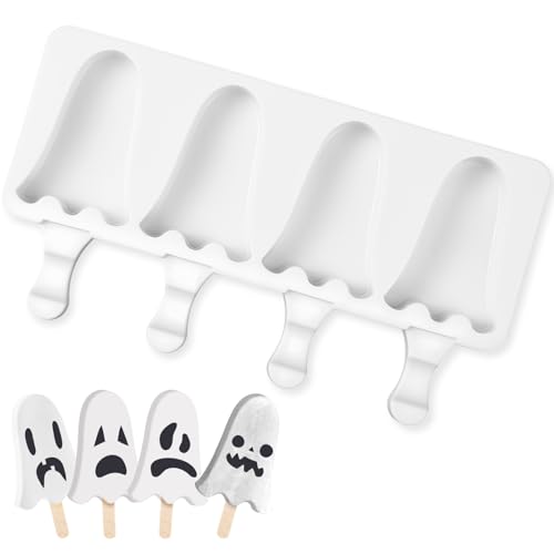 Halloween Ghost Shaped Mold Large 4 Cavity Reusable Silicone Cakesicle Cake Pop Ice Cream Mold for Halloween Adults Homemade Ice Cream Chocolate Candy DIY Trick Dessert Decorating