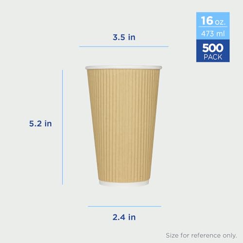 16oz Ripple Insulated Coffee Hot Cups [500 Count] Kraft Double Poly Lined Paper Hot Cup