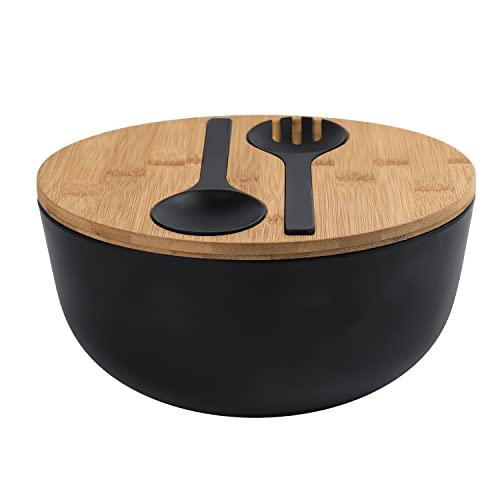 Bamboo Fiber Salad Bowl with Servers Set Large 9.8 inches Nature Bamboo Mixing Bowl with Servers with Lid Spoon and Fork for Fruits