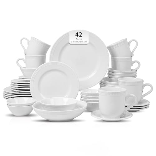 HomeVSS 42 Piece Pearl Dots Stoneware Dinnerware Set
