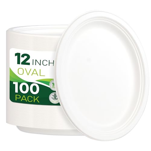 100PCS 100% Compostable White Oval Paper Plates (100 Count)